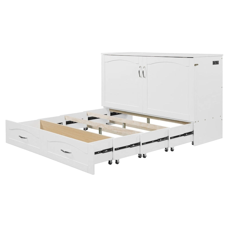 Lit escamotable grand lit/deux places blanc/gris avec tiroirs et ports USB, pour 1 à 2 personnes