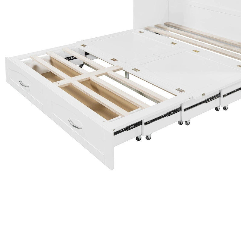 Lit escamotable grand lit/deux places blanc/gris avec tiroirs et ports USB, pour 1 à 2 personnes