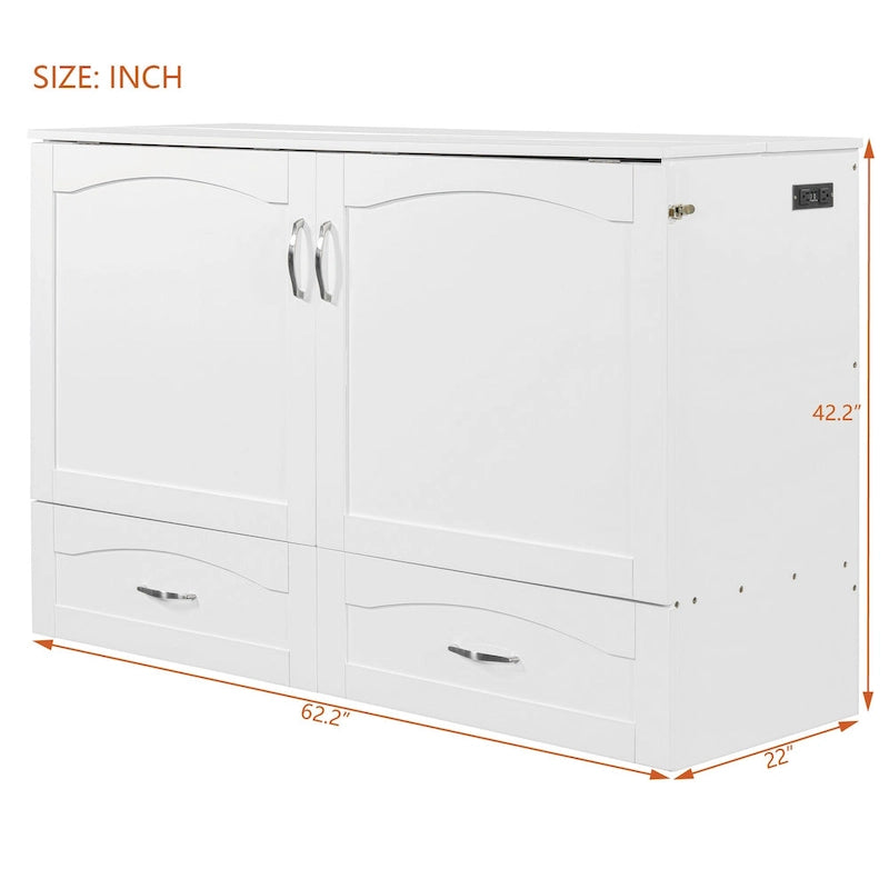 Lit escamotable grand lit/deux places blanc/gris avec tiroirs et ports USB, pour 1 à 2 personnes