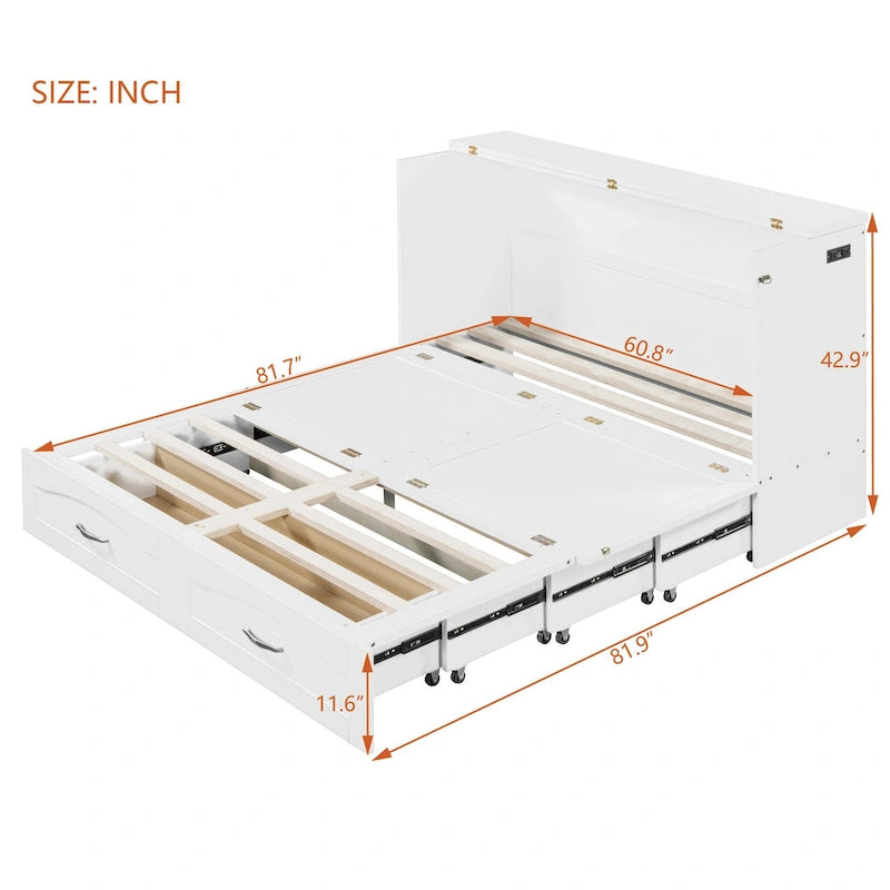 Lit escamotable grand lit/deux places blanc/gris avec tiroirs et ports USB, pour 1 à 2 personnes