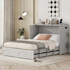 Lit escamotable grand lit/deux places blanc/gris avec tiroirs et ports USB, pour 1 à 2 personnes