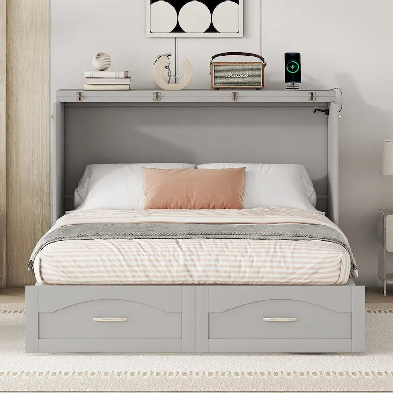Lit escamotable grand lit/deux places blanc/gris avec tiroirs et ports USB, pour 1 à 2 personnes