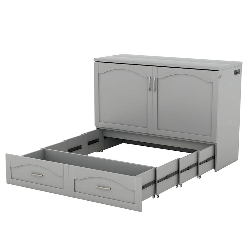 Lit escamotable grand lit/deux places blanc/gris avec tiroirs et ports USB, pour 1 à 2 personnes