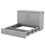 Lit escamotable grand lit/deux places blanc/gris avec tiroirs et ports USB, pour 1 à 2 personnes