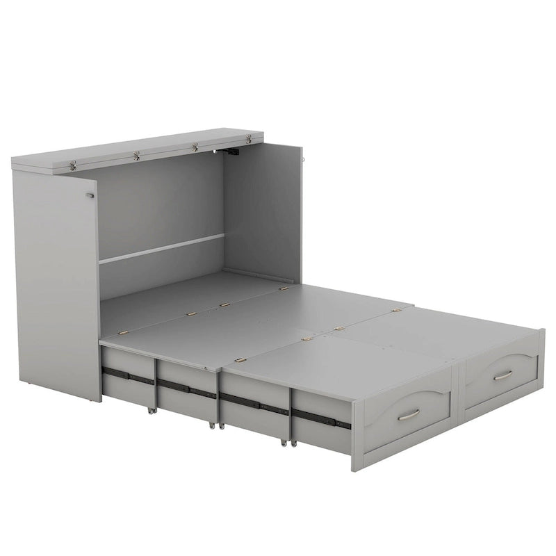 Lit escamotable grand lit/deux places blanc/gris avec tiroirs et ports USB, pour 1 à 2 personnes