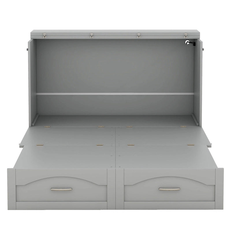 Lit escamotable grand lit/deux places blanc/gris avec tiroirs et ports USB, pour 1 à 2 personnes