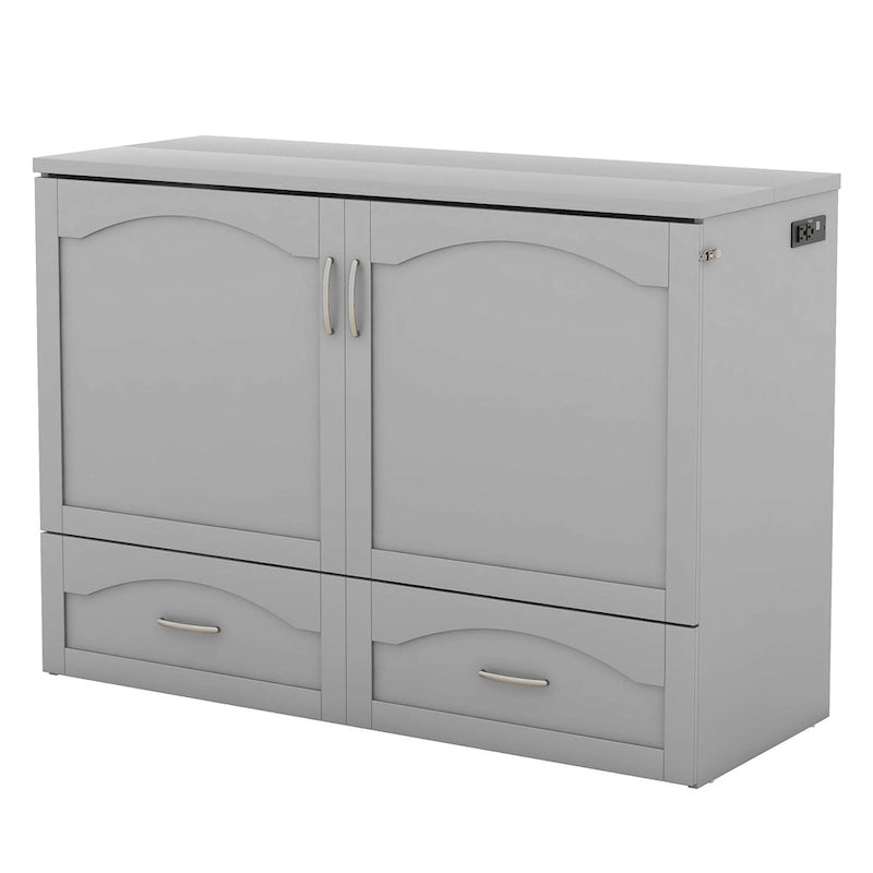 Lit escamotable grand lit/deux places blanc/gris avec tiroirs et ports USB, pour 1 à 2 personnes