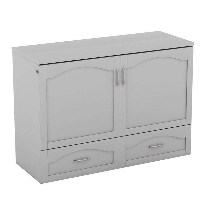 Lit escamotable grand lit/deux places blanc/gris avec tiroirs et ports USB, pour 1 à 2 personnes