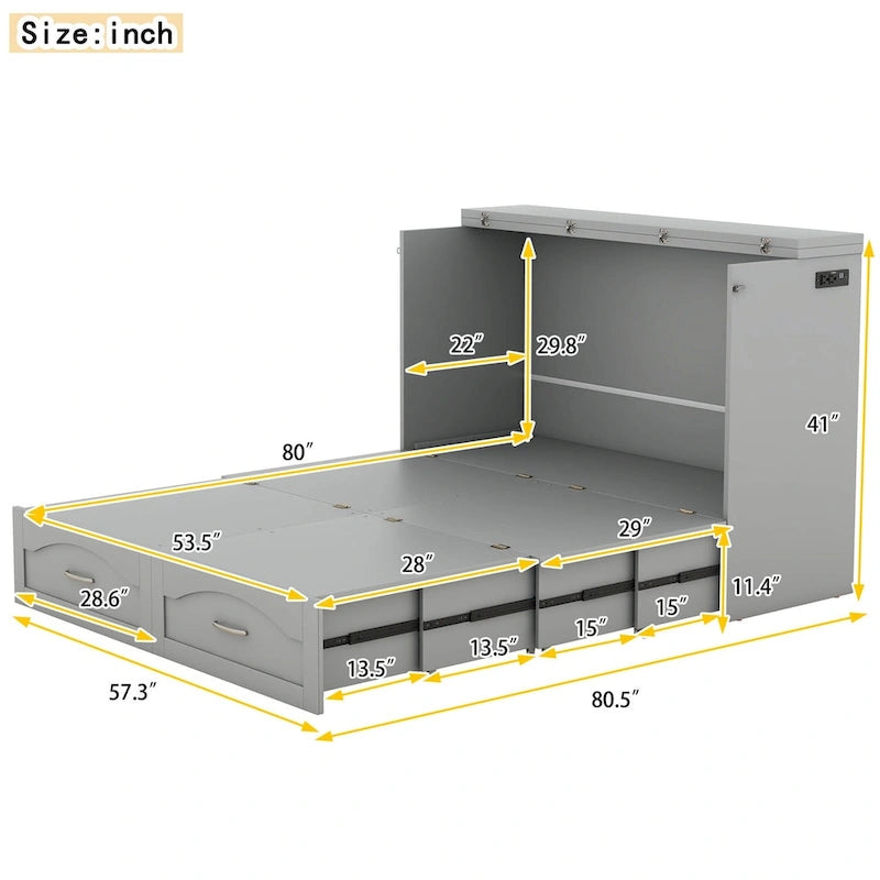 Lit escamotable grand lit/deux places blanc/gris avec tiroirs et ports USB, pour 1 à 2 personnes