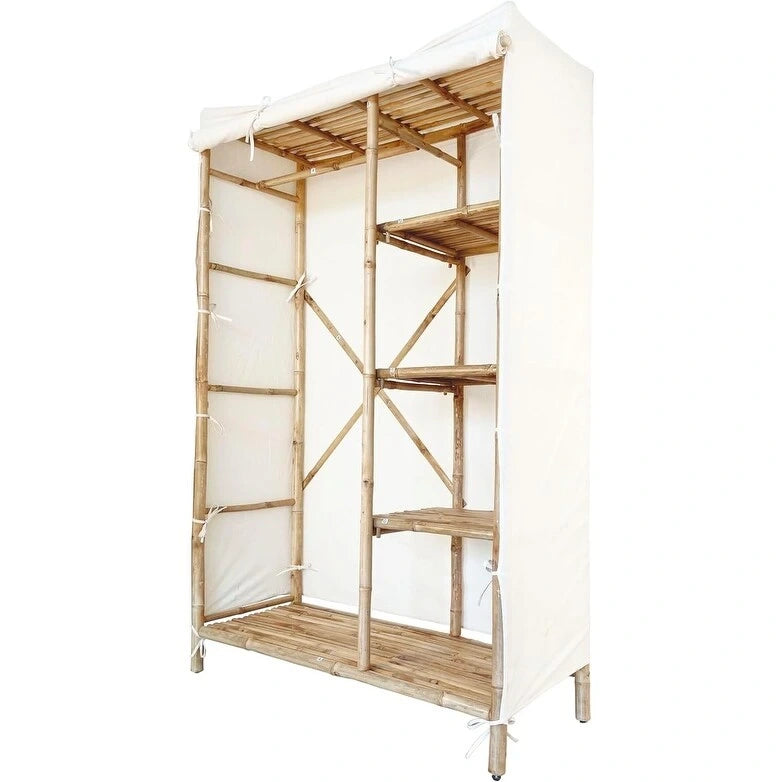 Armoire-penderie autoportante en ivoire avec housse en tissu et étagères, 1 personne