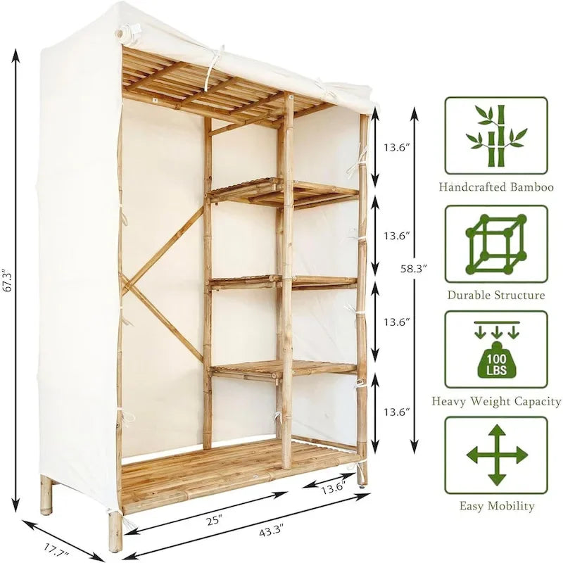 Armoire-penderie autoportante en ivoire avec housse en tissu et étagères, 1 personne
