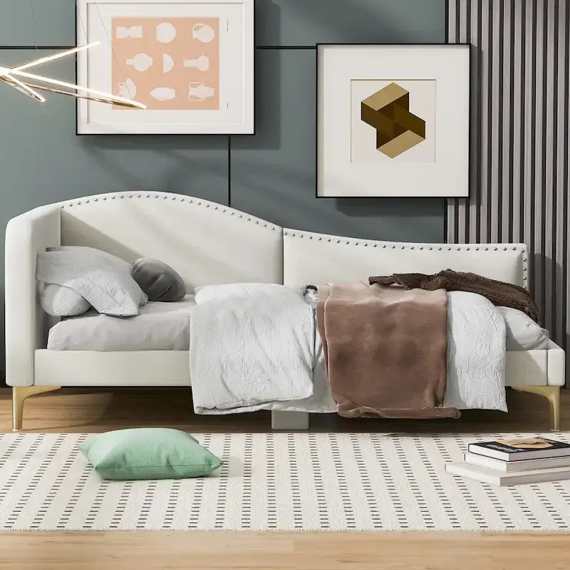Lit de repos double en lin gris/beige capitonné avec tête de lit et accoudoirs, simple