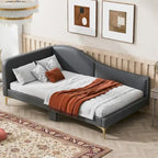 Lit de repos double en lin gris/beige capitonné avec tête de lit et accoudoirs, simple
