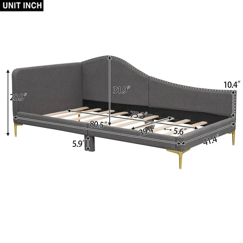Lit de repos double en lin gris/beige capitonné avec tête de lit et accoudoirs, simple