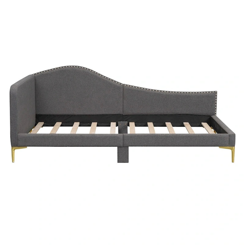 Lit de repos double en lin gris/beige capitonné avec tête de lit et accoudoirs, simple