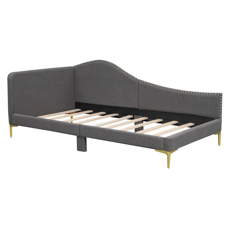 Lit de repos double en lin gris/beige capitonné avec tête de lit et accoudoirs, simple