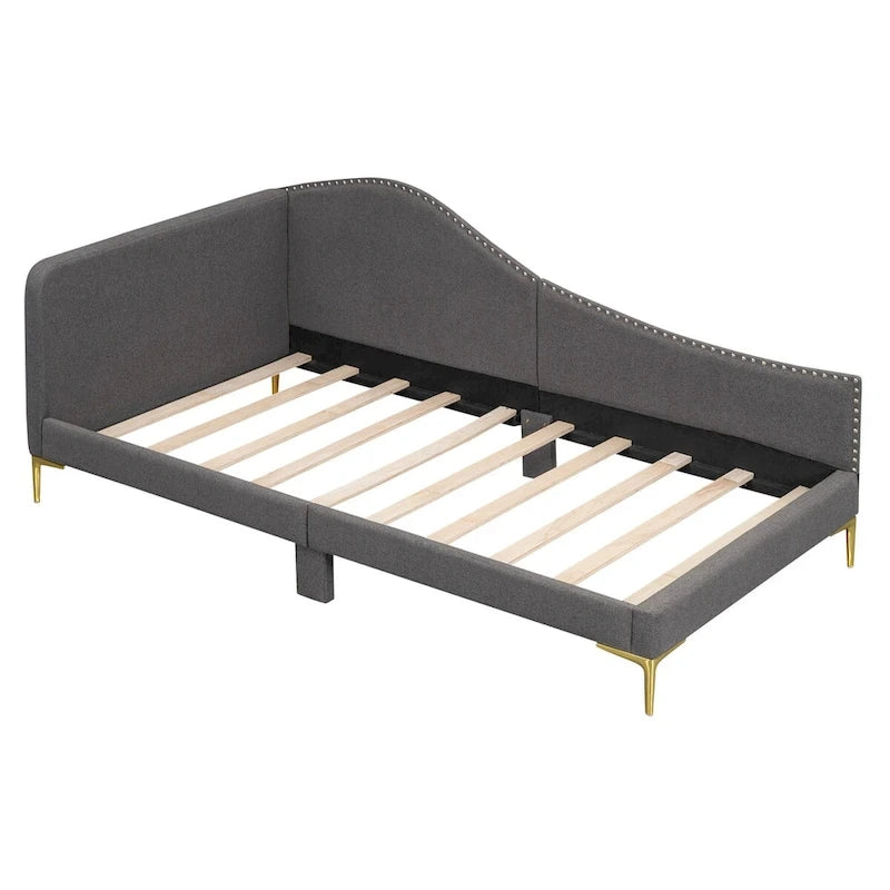 Lit de repos double en lin gris/beige capitonné avec tête de lit et accoudoirs, simple