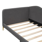 Lit de repos double en lin gris/beige capitonné avec tête de lit et accoudoirs, simple