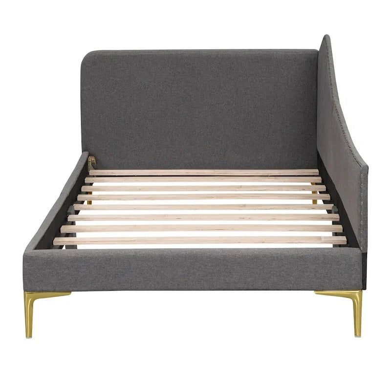 Lit de repos double en lin gris/beige capitonné avec tête de lit et accoudoirs, simple