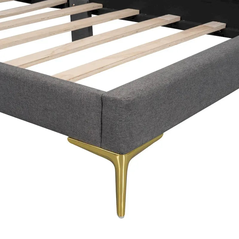 Lit de repos double en lin gris/beige capitonné avec tête de lit et accoudoirs, simple