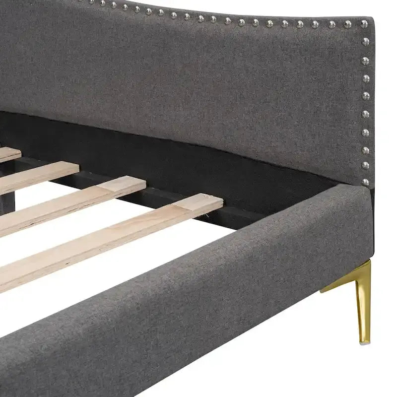 Lit de repos double en lin gris/beige capitonné avec tête de lit et accoudoirs, simple