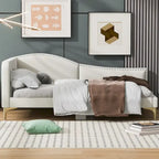Lit de repos double en lin gris/beige capitonné avec tête de lit et accoudoirs, simple
