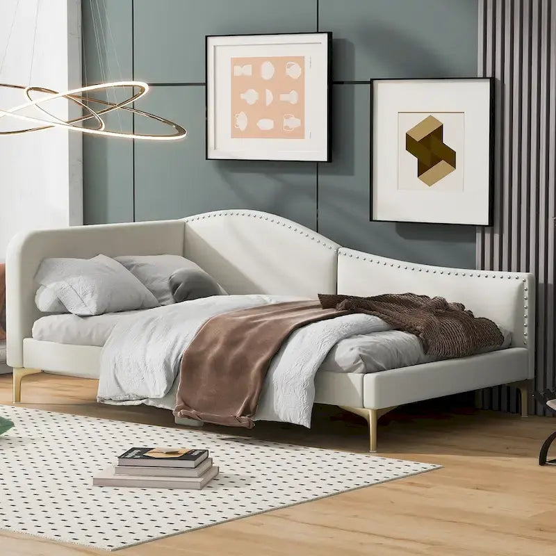 Lit de repos double en lin gris/beige capitonné avec tête de lit et accoudoirs, simple