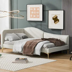 Lit de repos double en lin gris/beige capitonné avec tête de lit et accoudoirs, simple