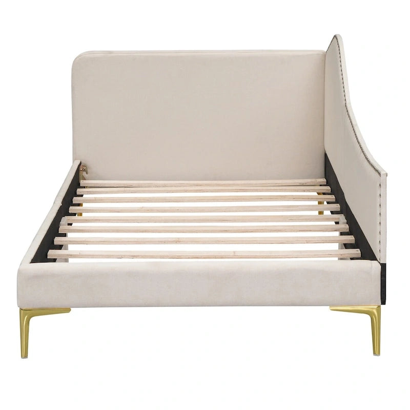 Lit de repos double en lin gris/beige capitonné avec tête de lit et accoudoirs, simple