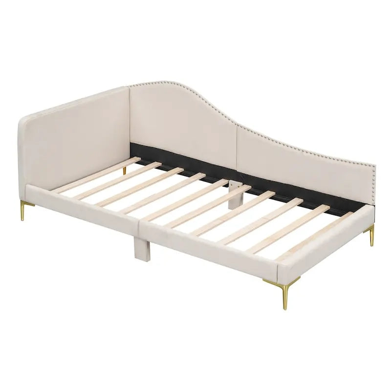 Lit de repos double en lin gris/beige capitonné avec tête de lit et accoudoirs, simple