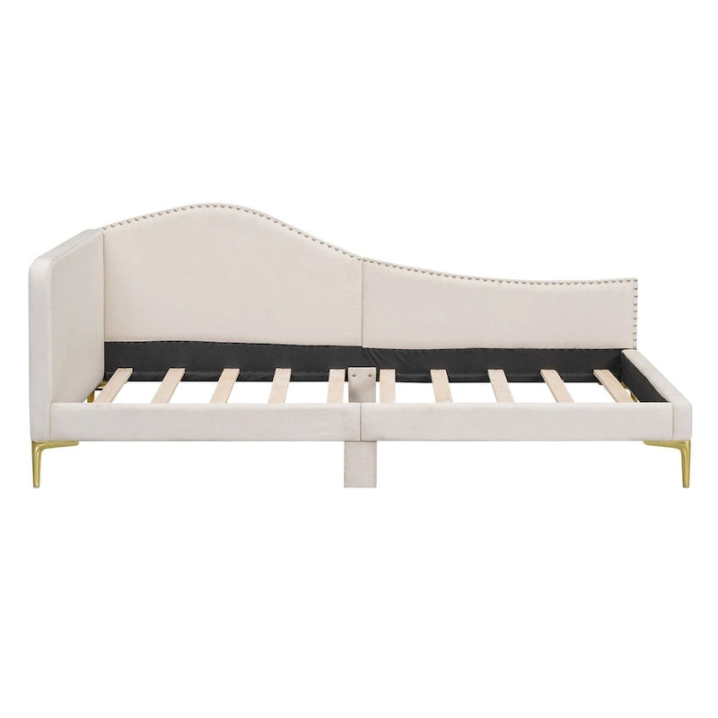 Lit de repos double en lin gris/beige capitonné avec tête de lit et accoudoirs, simple