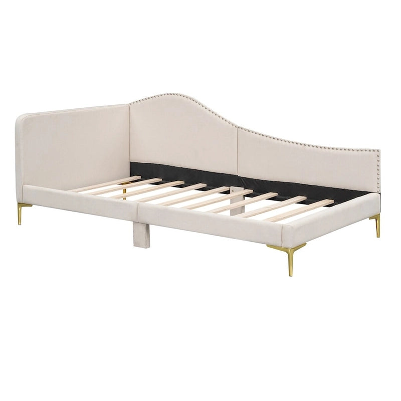 Lit de repos double en lin gris/beige capitonné avec tête de lit et accoudoirs, simple