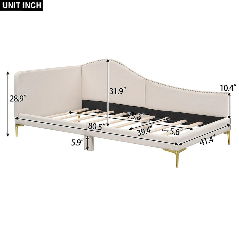Lit de repos double en lin gris/beige capitonné avec tête de lit et accoudoirs, simple