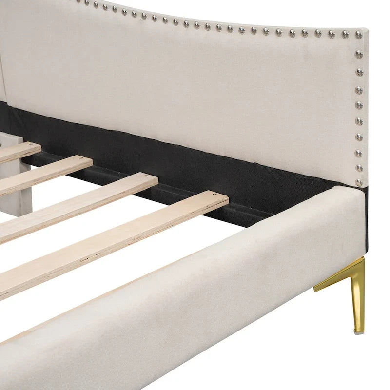 Lit de repos double en lin gris/beige capitonné avec tête de lit et accoudoirs, simple