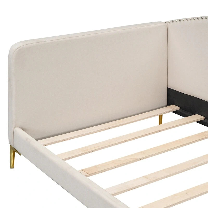 Lit de repos double en lin gris/beige capitonné avec tête de lit et accoudoirs, simple