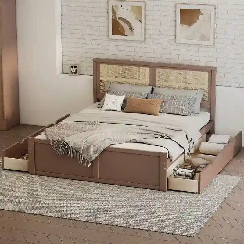 Lit plateforme double naturel/espresso avec 4 tiroirs et tête de lit en rotin