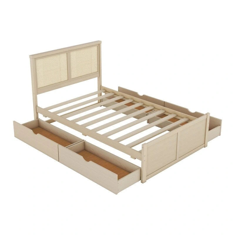 Lit plateforme double naturel/espresso avec 4 tiroirs et tête de lit en rotin