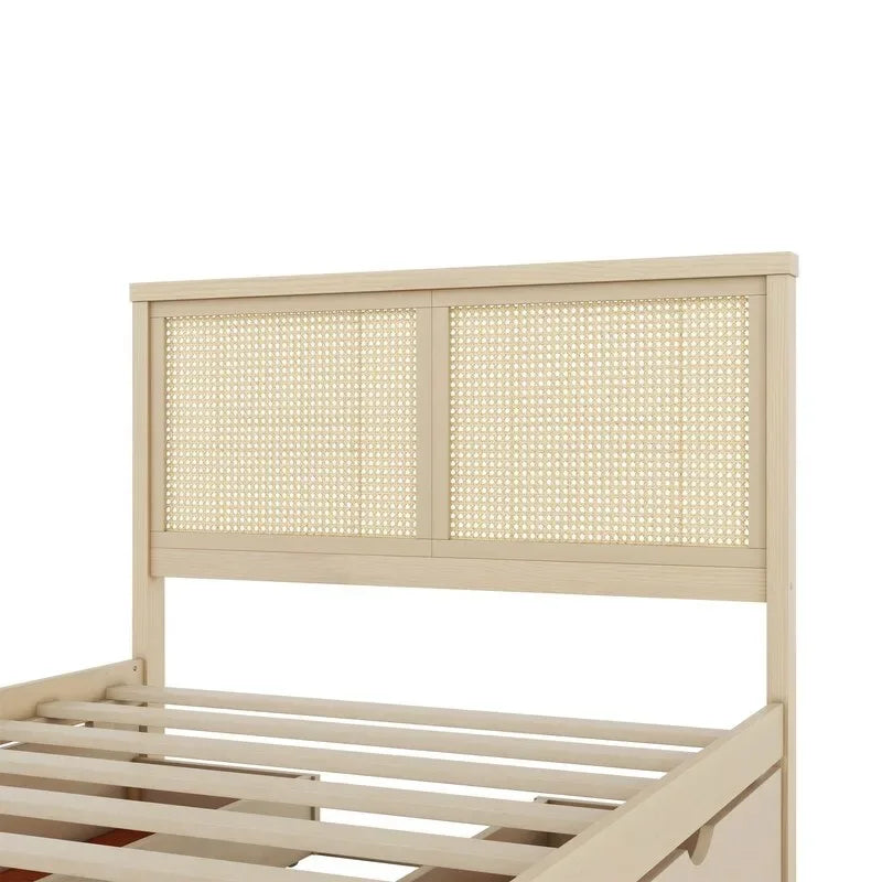 Lit plateforme double naturel/espresso avec 4 tiroirs et tête de lit en rotin