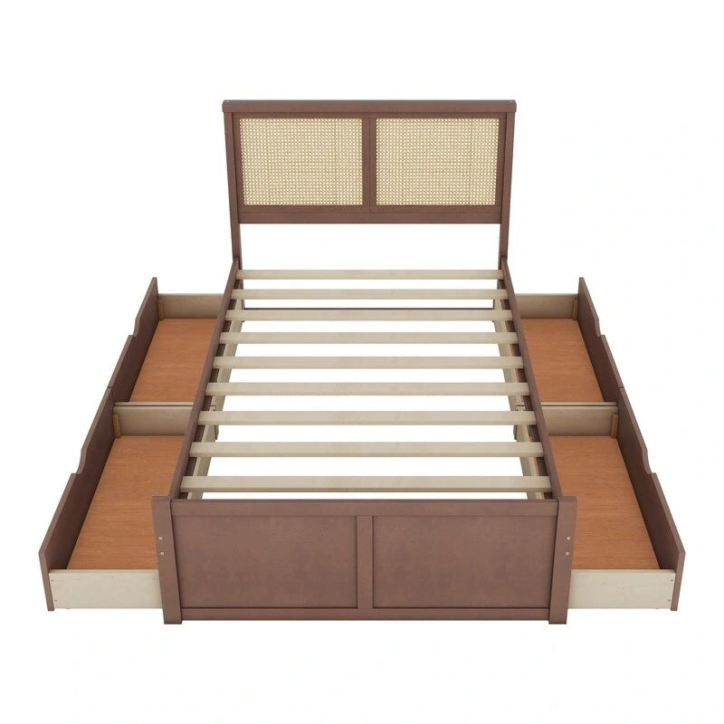 Lit plateforme double naturel/espresso avec 4 tiroirs et tête de lit en rotin