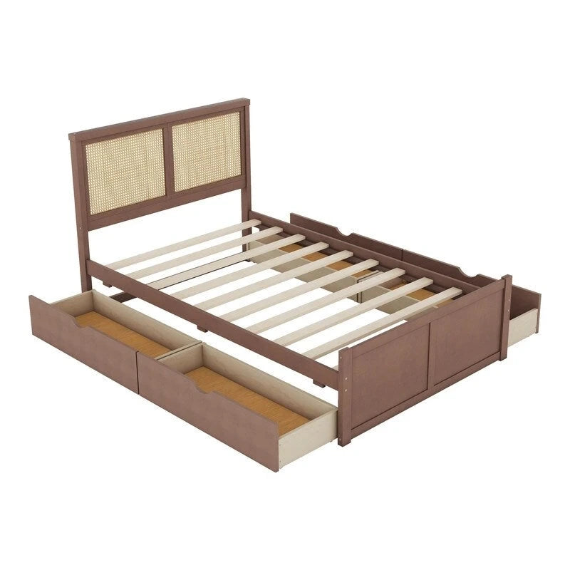 Lit plateforme double naturel/espresso avec 4 tiroirs et tête de lit en rotin