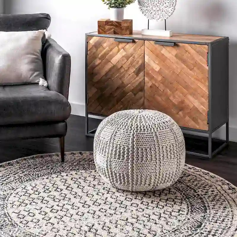 Pouf ottoman en coton tricoté tressé orange et ivoire – Siège individuel