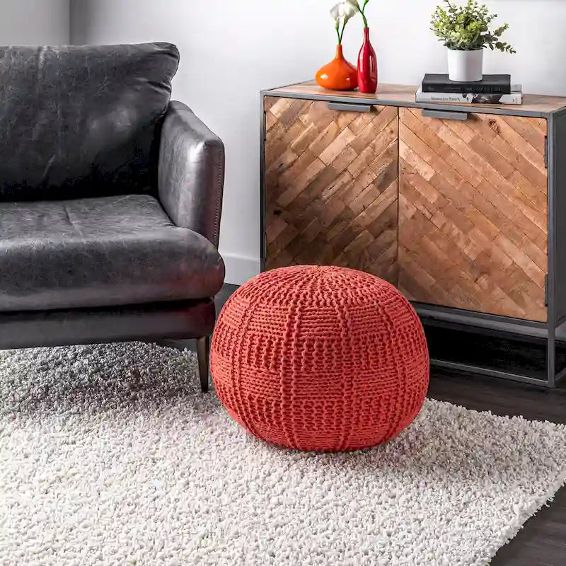 Pouf ottoman en coton tricoté tressé orange et ivoire – Siège individuel