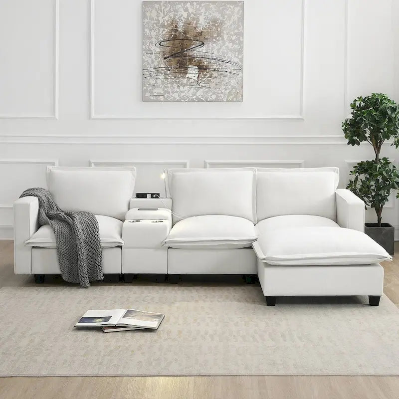 Canapé d'angle en chenille beige / beige et gris, 3-4 places