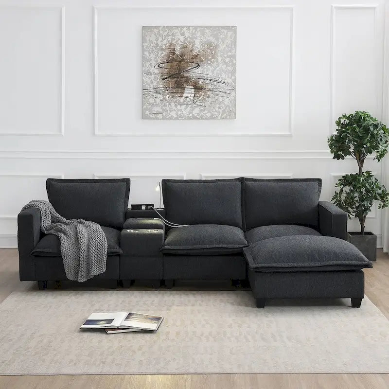 Canapé d'angle en chenille beige / beige et gris, 3-4 places