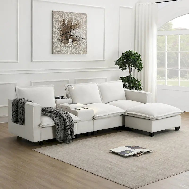 Canapé d'angle en chenille beige / beige et gris, 3-4 places