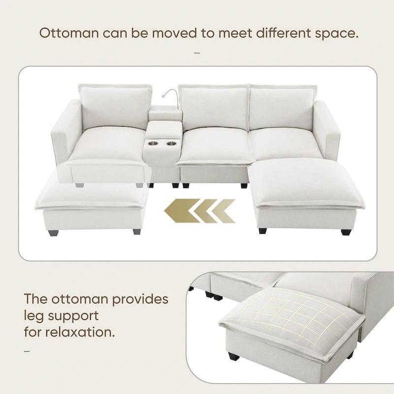 Canapé d'angle en chenille beige / beige et gris, 3-4 places