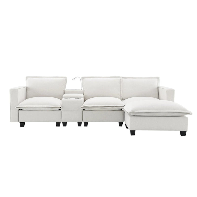 Canapé d'angle en chenille beige / beige et gris, 3-4 places