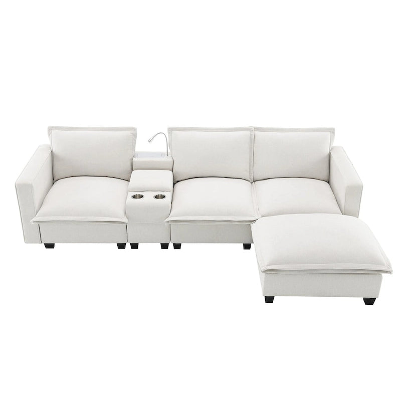 Canapé d'angle en chenille beige / beige et gris, 3-4 places