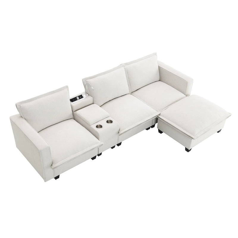 Canapé d'angle en chenille beige / beige et gris, 3-4 places