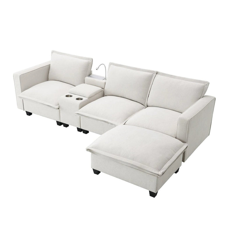 Canapé d'angle en chenille beige / beige et gris, 3-4 places